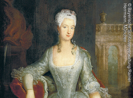 Porträtgemälde, Markgräfin Wilhelmine von Brandenburg-Bayreuth, Werkstatt des Antoine Pesne, um 1734, Inv. BayNS.G0028. Bayreuth, Neues Schloss, R.1