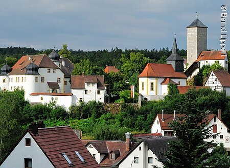 Blick auf ein Dorf mit historischen Gebäuden, Kirche und Turm vor bewaldetem Hintergrund unter bewölktem Himmel.