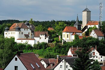 Blick auf ein Dorf mit historischen Gebäuden, Kirche und Turm vor bewaldetem Hintergrund unter bewölktem Himmel.