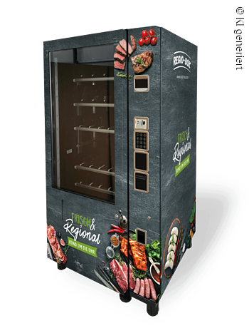 Verkaufsautomat mit Bildern von Fleisch und Gemüse, Aufschrift „Frisch & Regional rund um die Uhr“ und Bedienfeld.