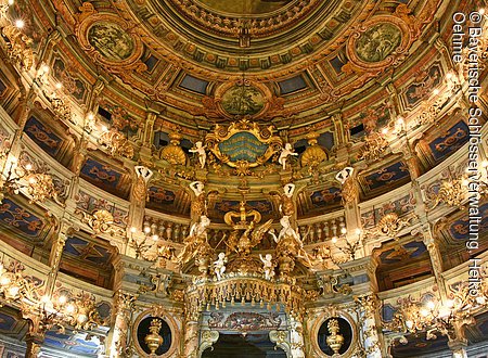Bayreuth, Markgräfliches Opernhaus, Innenansicht nach der Restaurierung, Zuschauerraum, Blick auf die Fürstenloge, die Ränge und die Decke, nach der Restaurierung
